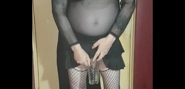  crossdressing sissy drinks his own piss and swollows the lot